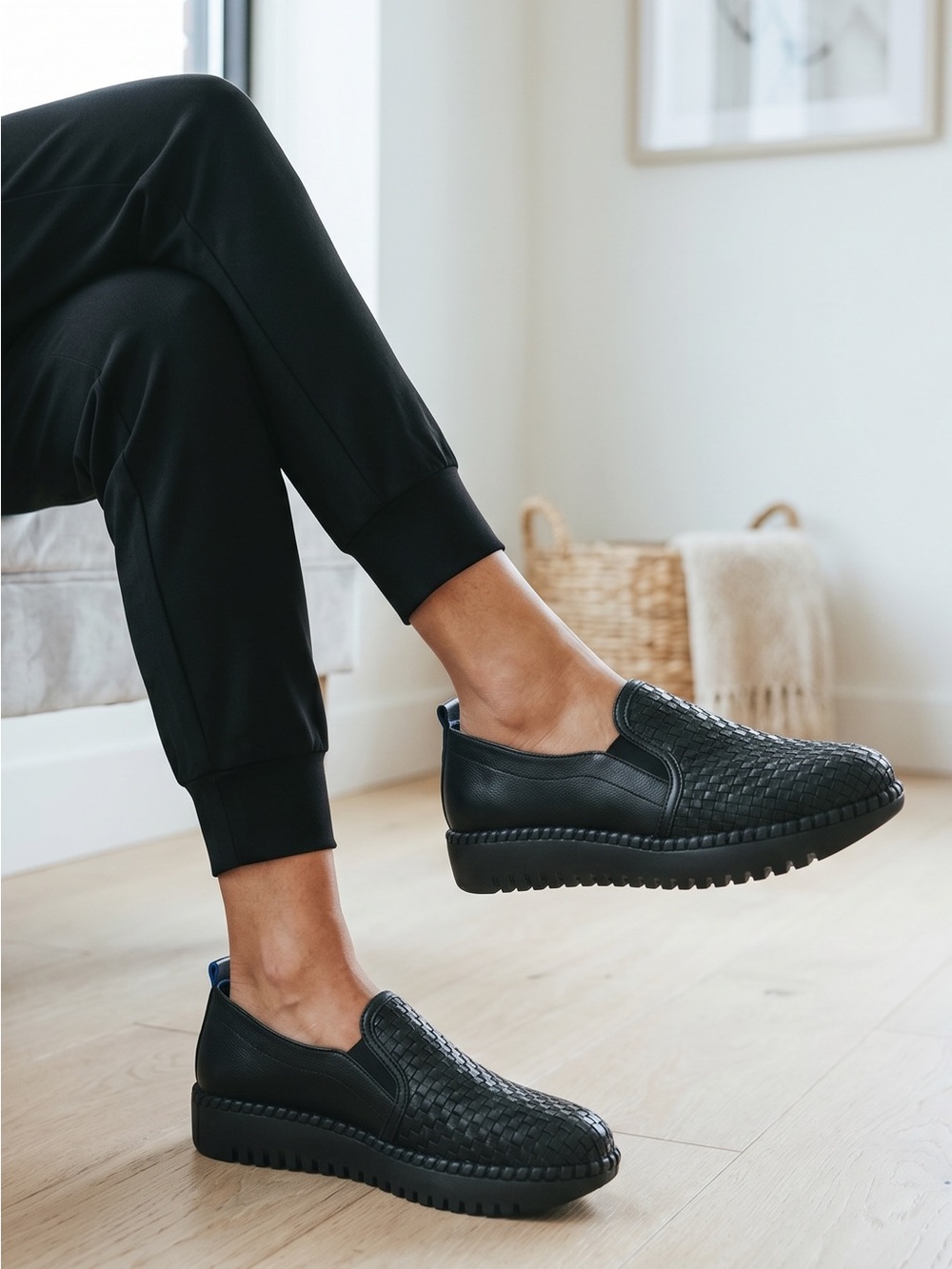 Sleek Woven Leather Black Slip-On Loafers Memory Foam EU37 38, 40